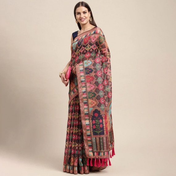 https://wayedge.in/products/peach-coloured-multicoloured-kalamkari-sequinned-linen-blend-block-print-saree